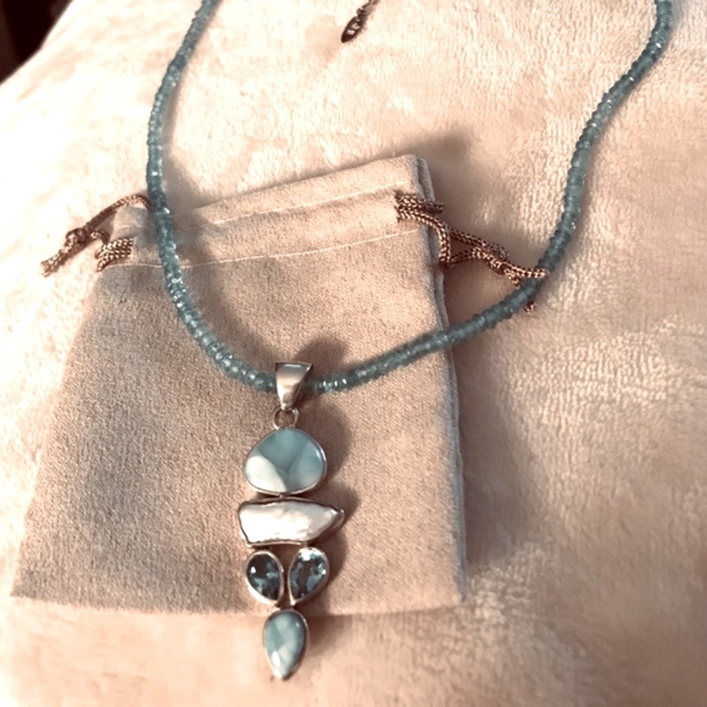 Arya Designs Larimar, Pearl Blue Topaz Sterling Silver Pendant /Beaded Necklace - Picture 6 of 8